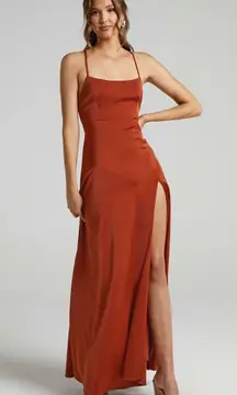 Showpo Will It Be Us Thigh Split Cross Back Copper Orange Maxi Dress