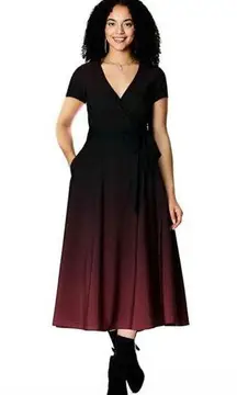 eShakti MEDIUM 8 Black Red Ombre Print Crepe Wrap Dress Midi Tea Length A Line