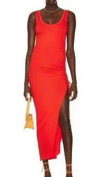 The Range Alloy Rib Cinched Bodycon Midi Dress Fuego Red Orange Womens Medium