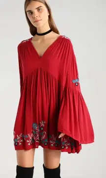 Free People Te Amo Red Embroidered Babydoll Mini Dress $148 S