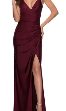 La Femme Ruched Jersey Gown Dark Berry Prom Dress