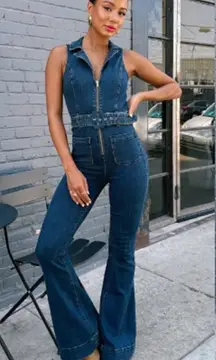 Show Me Your Mumu Women’s Jacksonville Blue Cotton Sleeveless Flare Jumpsuit L