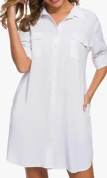 Shirt Dress V Neck Long Sleeve Loose Casual with Pockets Front Button