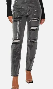 Maniere De Voir destroyed straight leg sequin distressed denim jeans high waist