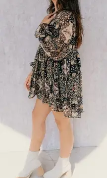 Aakaa Size S Floral Tassel Tie Neck Mini Babydoll Boho Dress