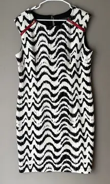 Madison Leigh Black White Zig Zag Sheath Dress sz 14 Sleeveless Zipper Accent