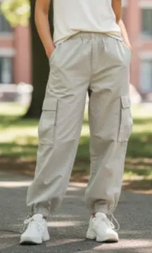 Almost Famous Women Cargo Pants Beige Elastic Waist Drawstring Bottoms Size L