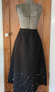 NWT Joh. Willis Black Textured A line Midi Skirt Pearl & Rhinestones Sz L 💚🎀