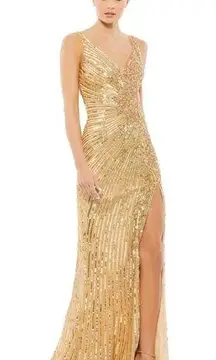 Mac Duggal NEW NWT  Beaded Floral Sleeveless Gown In Gold