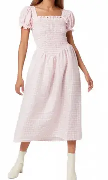 Sleeper Belle Linen Dress Pink Vichy Gingham Smocked Midi Puff Women's Size XS