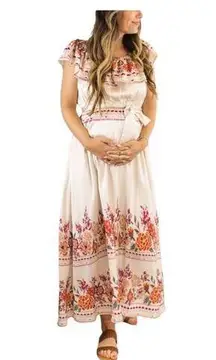 Emily Wonder Spanish Style Maxi Dress Beige Size L NWT Boho Floral Coastal Gypsy