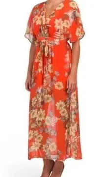 Love Fire Tropical Print Bohemian Floral Flutter Sleeve Semi Sheer Maxi Dress M