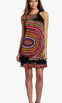 Tiana B Black Colorful Mosaic Sunset Print Ruffle Hem Sleeveless Dress Sz S