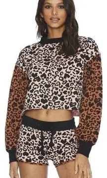 Beach Riot  Ava Pink Love Heart Cheetah Print Cropped Sweatshirt Size Small