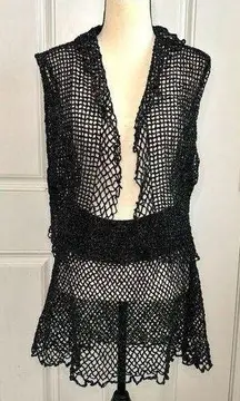 Vintage Metallic Crochet Knit Top and Skirt Cover-Up 2 Pcs Set Black Women's OS