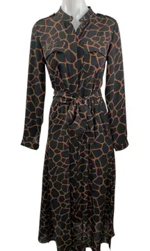 Banana Republic Black Giraffe Print Long Sleeve Belted Midi Shirt Dress Size 2
