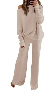 Ribbed Knit Top and Wide-leg Pant Set