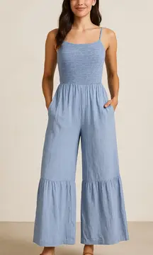 Japna Blue and White Striped Wide Leg Jumpsuit.          Size-Medium