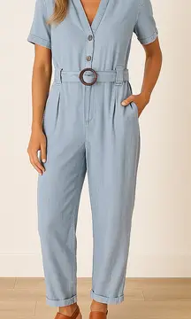 NWT Three Bird Nest Tencel Chambray Jumpsuit Belted Button Front Blue Size Large