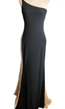 XScape  Dress Women's 8 Black Beige One Shoulder Beaded Contour Gown Formal New