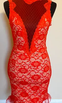 Charisma RED/nude Sheer  Body Con Dress XS