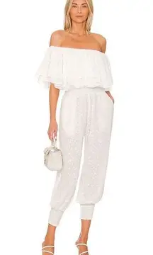 MISA Bita White Clip Dot Ruffle off Shoulder Harem Jumpsuit White Size S NWT