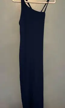 NWT Susan Monaco Navy Blue Uneven Strap Slit Maxi Dress