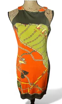 2B Bebe sleeveless dress with a multi-color chain and lion print.