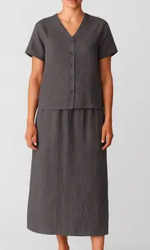 Eileen Fisher 2 Piece Set Top Shirt Blouse & Long Skirt 100% Linen Grey MEDIUM