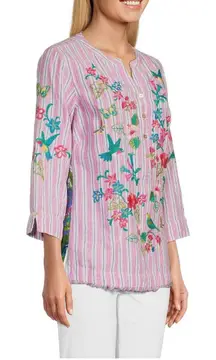 John Mark Positano Pink Stripe Floral Tropical‎ Embroidered Tunic Top Button PXL