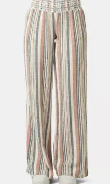 Indigo Rein Womens Pull-On Pants Sz L Linen Blend Beachy Casual Striped Smocked