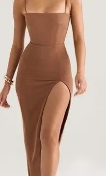 NWOT HOUSE OF CB Jaida Toast Brown Corset High Slit Maxi Dress sz XS