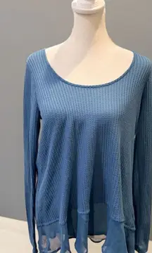 Sun & Shadow Women's Blue Waffle Knit Long Sleeve Top Size S