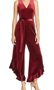 Betsey Johnson red flare ruffled leg valentine velvet jumpsuit ladies size 14