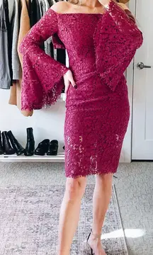 Bardot Maroon Lace Off The Shoulder Midi Dress