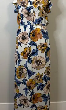 Everly Floral Long Maxi‎ Dress Ruffle Shoulder Summer White - Medium