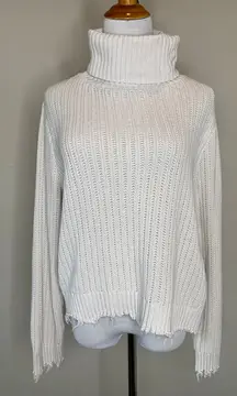 Z Supply Ribbed Turtleneck Sweater Raw Chewed Hems Cream Sz Large
