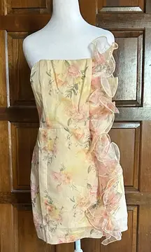 NWT Klesis Floral Tube Dress Size Large organza ruffle on side Mini Strapless
