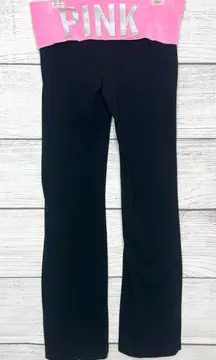 VS PINK Y2K Black & Pink Logo High Waist Foldover Flare Leggings Size Medium VTG