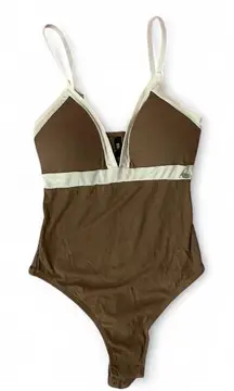 Steve‎ Madden Brown Ribbed Plunge Bodysuit Sleeveless One Piece Swimsuit