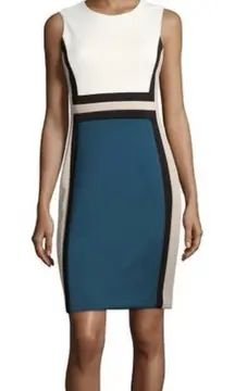 Calvin Klein Teal Cream Colorblock Scuba Knit Sleeveless Sheath Dress Size 8