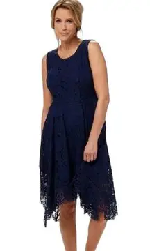 Isaac Mizrahi Navy Blue Floral Lace Handkerchief Hem Midi Dress Sz XXS