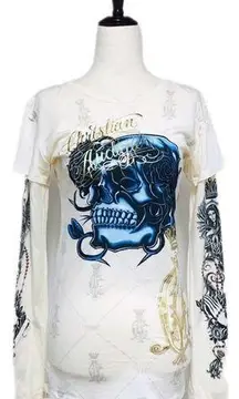 CHRISTIAN AUDIGIER Long Sleeve Tee T-Shirt Skull Roses Cream Blue Gold Medium