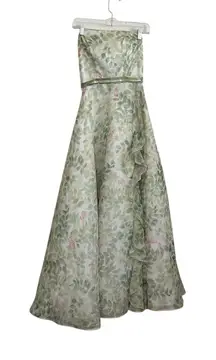 Strapless Green Floral A-Line Crinoline Gown Prom Formal Evening Dress-Size 2