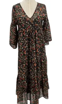 Natural Life Floral Print Midi Dress Kimono Sleeve Brown Red Size Small