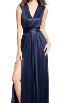 Dress‎ The Population Krista Plunging V-Neck Side Slit Gown Dress Navy Blue XS