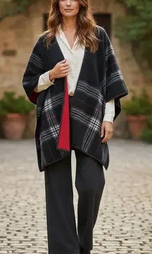 IKE BEHAR Reversible Wrap Black Red Plaid Shawl Poncho One Size