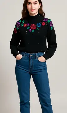 Vintage 70s 80s Boho Floral Embellished Black Sweater sequin flowers gold beaded