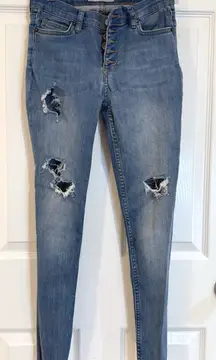 Free People‎ Women's Distressed Button Fly Skinny Jeans Size 26 Ripped Denim
