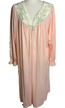 Vintage 60's Ashley Ames Nylon Robe L Pink Embroidered Tie Front Peignoir